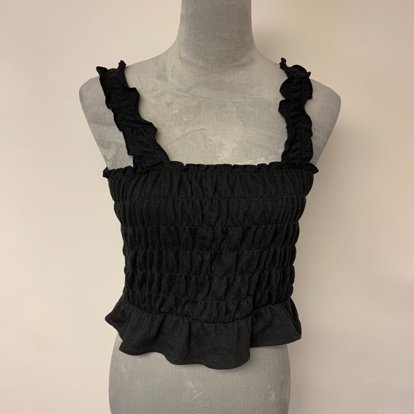 H&M Tops - H & M Blouse Cropped Smocked Ruffles Bohemian 70s Vibe Black Womens Size L